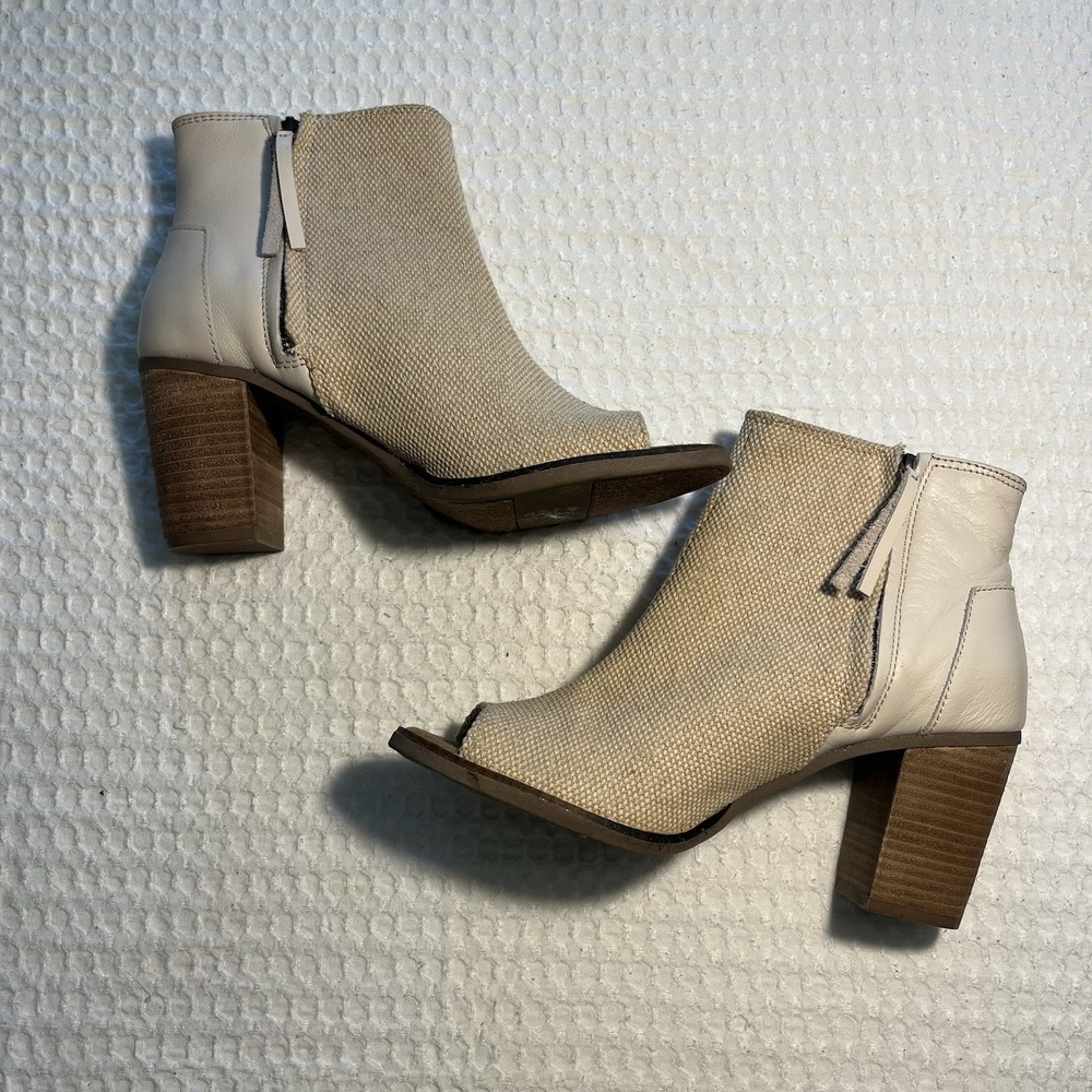 TOMS Majorca Womens 10 Tan Leather Burlap Peep Toe Ankle Bootie Block Heel Zip